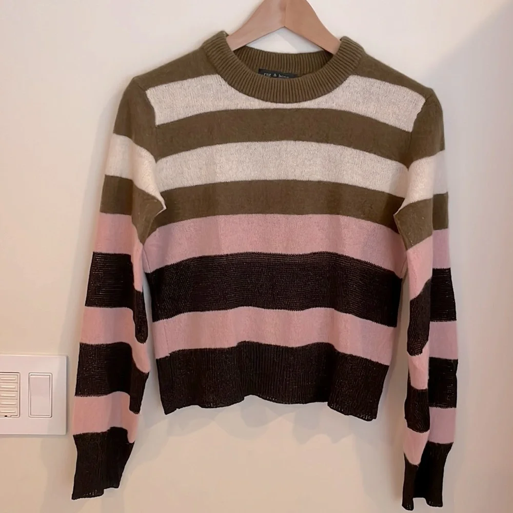 RAG & BONE “Annika” Multi-Striped, Cashmere Blend Crew-Neck Sweater - Picture 2 of 5